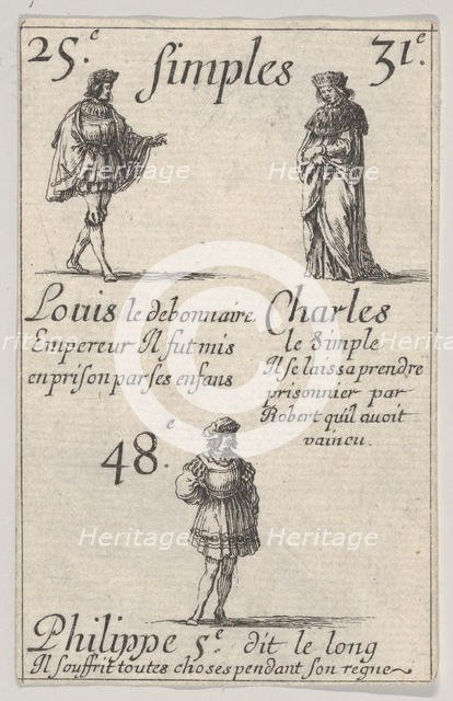 Louis le debonnaire... Charles le Simple, from 'Game of the Kings of France' (Jeu des Rois..., 1644. Creator: Stefano della Bella.