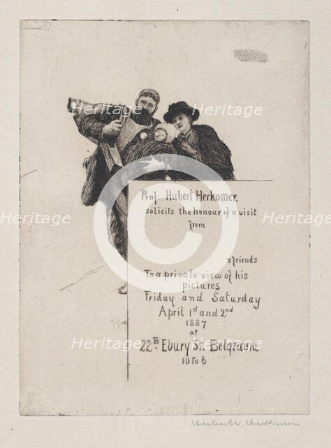 Invitation with vignette from "The First Born" (with text), 1887., 1887. Creator: Hubert von Herkomer.