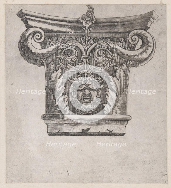 Speculum Romanae Magnificentiae: Capital with peapod volutes and satyr head, ca. 1537., ca. 1537. Creator: Master GA.