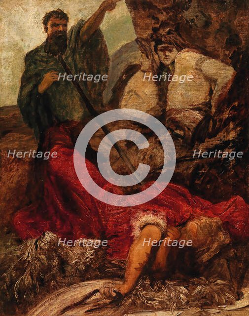 The Death of Siegfried: the Giant Hagen Throwing Siegfried into a Gorge. Creator: Makart, Hans (1840-1884).