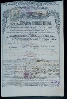 Shares of vellon reals (old Spanish money) of the industrial and commercial Society La España Ind…