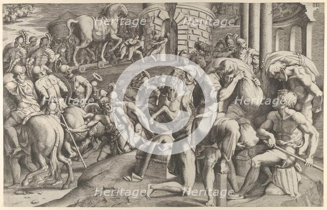 The Trojans hauling the wooden horse into Troy, 1545. Creator: Giulio Bonasone.