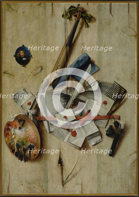 Trompe l'oeil with Violin, Painting Tools and Self-Portrait, 1675. Creator: Gijsbrechts, Cornelis Norbertus (before 1657-after 1675).