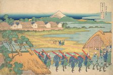 Fuji Seen in the Distance from Senju Pleasure Quarter (Senju kagai yori chobo no Fu..., ca. 1830-32. Creator: Hokusai.