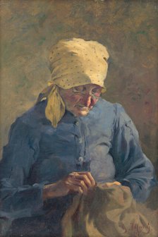 Old Woman Sewing, 1907. Creator: Gustav Mally.