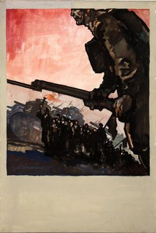 Man with lighted torch at head of a column of civilians, between 1939 and 1946. Creators: Unknown, Central Office of Information.