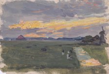 Study of a landscape at sunset with windmill, mid-late 1870s. Creator: George Clausen.