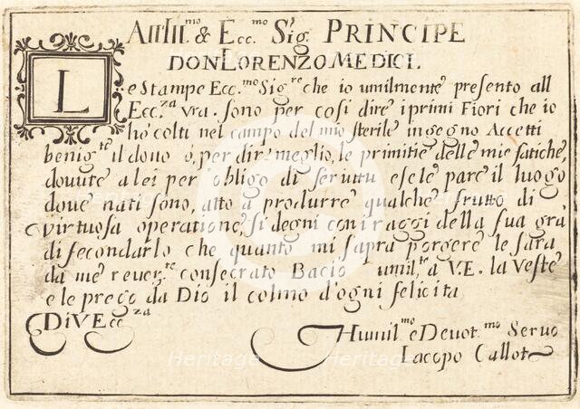 Dedication to Don Lorenzo de' Medici, c. 1622. Creator: Jacques Callot.