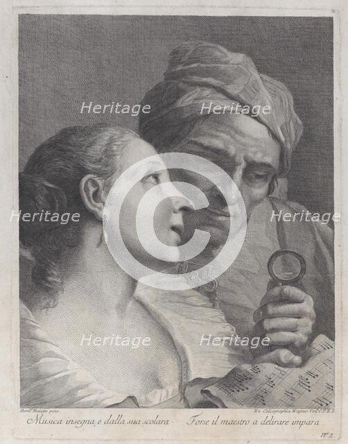 A schoolgirl and her music teacher looking at a sheet of music, 1725-80. Creator: Joseph Wagner.