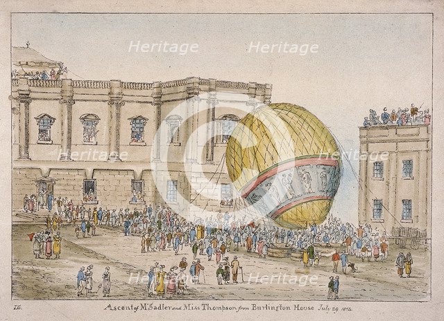Hot air balloon in the courtyard of Burlington House, Piccadilly, Westminster, London, 1814. Artist: James Gillray