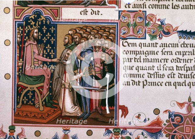 Investiture of a gentleman, page of a 14th century manuscript entitled 'Order of the Holy Spirit'.