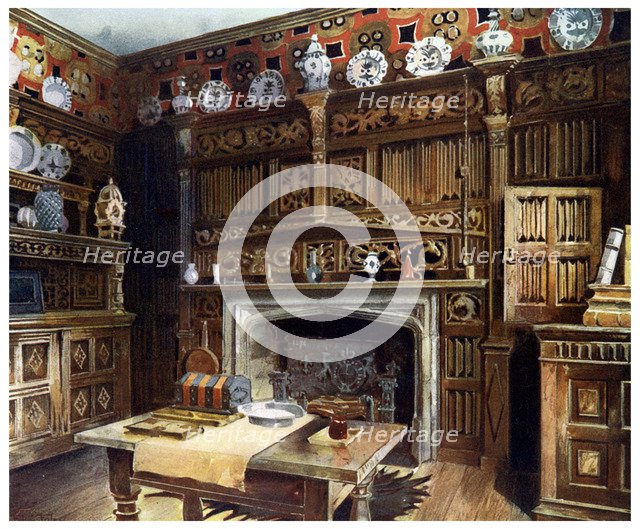 The panelled study at Groombridge Place, Kent, 1910.Artist: Edwin Foley