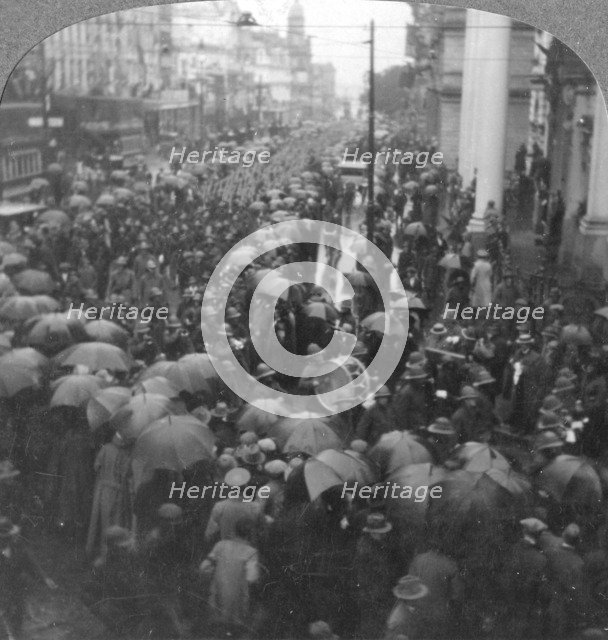 British troops parading on Adderley Street, Cape Town, South Africa, World War I, c1914-c1918. Artist: Realistic Travels Publishers