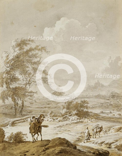 Landscape with Man on Horseback and Woman Guiding a Donkey, between 1659 and 1717. Creator: Dirk Maes.