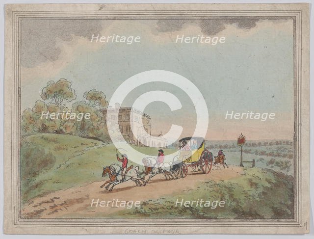 A Coach and Four (from, Rustic Sketches?), 1787 (?)., 1787 (?). Creator: Thomas Rowlandson.