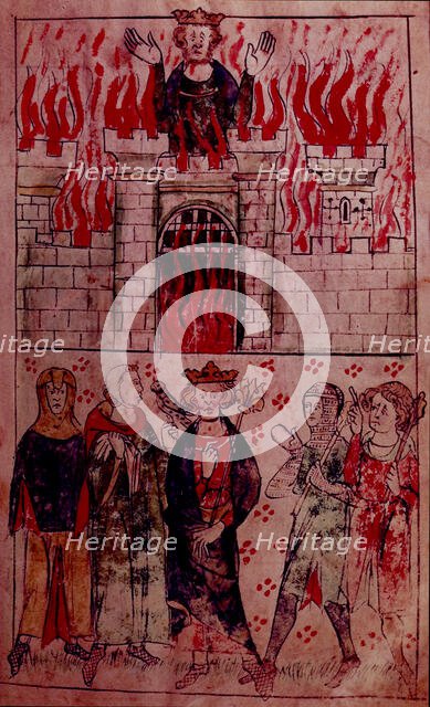 A castle on fire, c1307-c1327. Creator: Unknown.