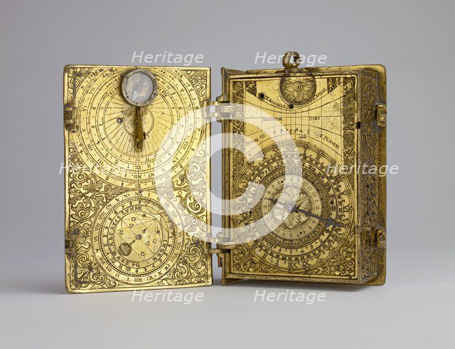 Gilt-brass cased clock-watch with alarm, sundials and lunar volvelle in the form of a book, c1580. Artist: Hans Kock.