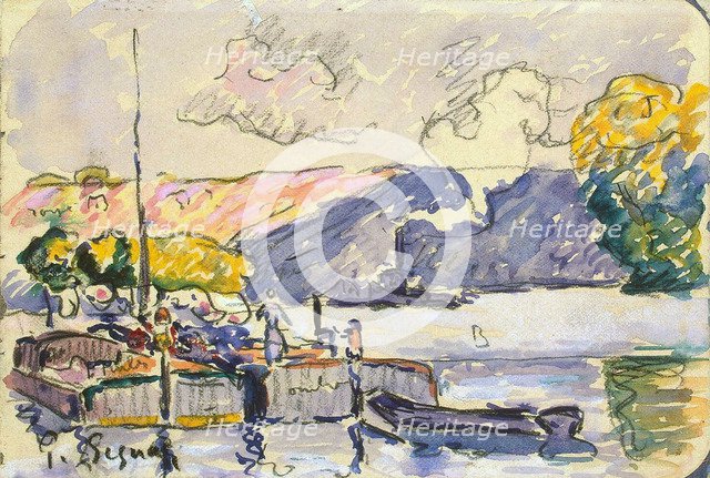 'Two Barges, Boat, and Tugboat in Samois', c1900.  Artist: Paul Signac