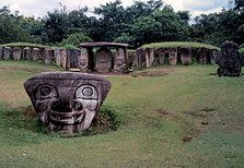 Archaeological park of San Agustín in Huila, Colombia. Table B, funerary temple, in the forefront…