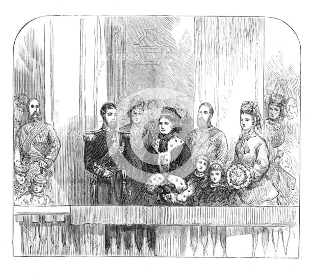 The Queen and Duke and Duchess of Edinburgh at the balcony at Buckingham Palace, 1874. Creator: Unknown.