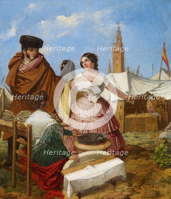 Courting at a Ring-Shaped Pastry Stall at the Seville Fair. Artist: Benjumea, Rafael (c. 1825-c. 1887)