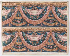 Sheet with two borders with draped curtains and floral garlands, lat..., late 18th-mid-19th century. Creator: Anon.