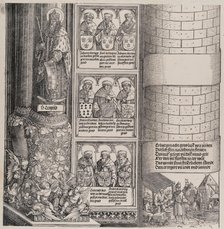 Maximilian as Architect; with a Statue of St. Leopold; and Busts of Maximilian's Ance..., 1517/1518. Creator: Hieronymus Andreae.