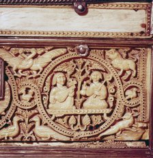 Detail of front of Ivory Casket, Hispano-Arabic work, Cordoba, 11th century. Artist: Unknown.