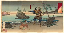 Sasaki Moritsuna Asking Fisherman to Reveal the Shallows Where His Troops can Cross and At..., 1884. Creator: Mizuno Toshikata.