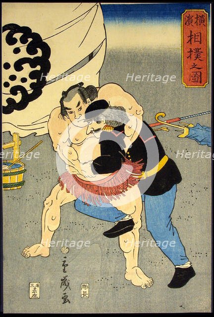 Picture of a Sumo Wrestling Match in Yokohama (Yokohama sumo no zu), 1861. Creator: Shigetoshi.