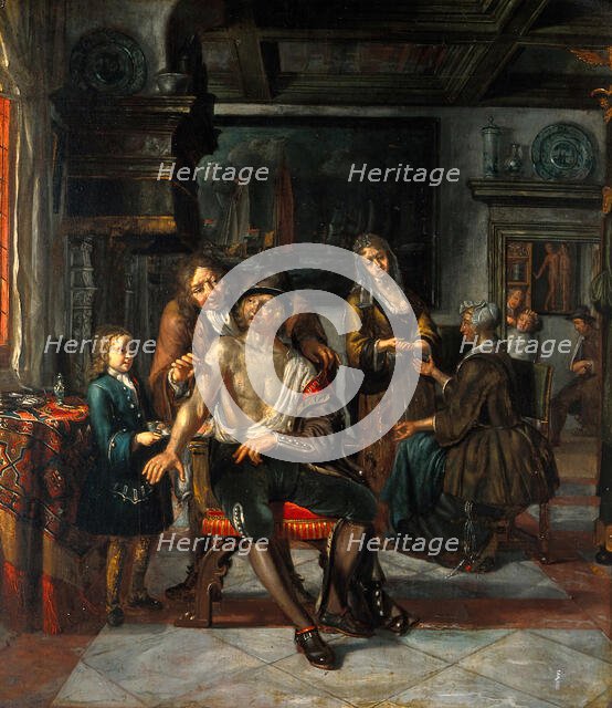 Interior of a surgery with a surgeon treating a wound in the arm of a man, with a boy and..., 1700s. Creator: Matthys Naiveu.