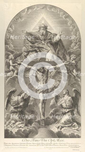 The Holy Trinity; Christ on the cross flanked by two angels, the Holy Spirit as a dove and..., 1702. Creator: Nicolas Dorigny.