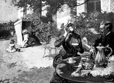 "Coffee on the Terrace", picture by Duez, in the New Salon, Paris, 1890.  Creator: Charles Baude.