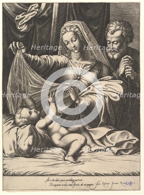 Madonna of Loreto, the Virgin lifts a veil above the Child, who lies on a bed and pillow..., 1575. Creator: Giorgio Ghisi.