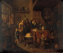 A man examining a urine flask. Creator: Bossche, Balthasar van den, 1681-1715 (After).