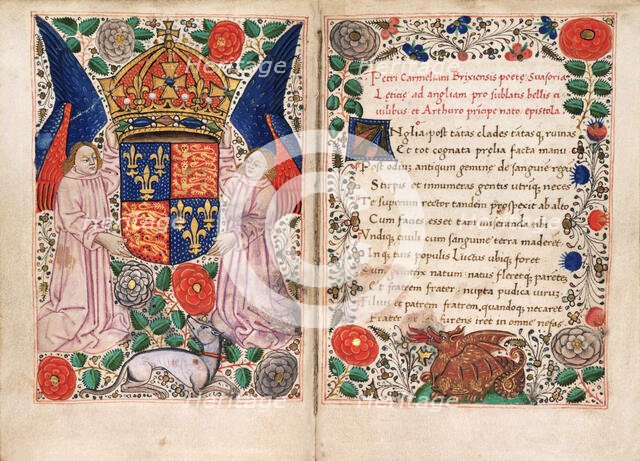 The coat of arms of Henry VII supported by two angels, 1486. Creator: Unknown.