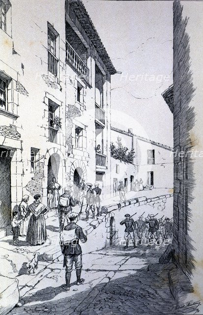 Third Carlist War (1872 - 1876), accommodation of Carlist troops in a village of Catalonia, engra…
