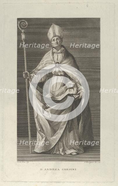 Saint Andrea Corsini dressed as Bishop of Fiesole, holding a crosier and looking ..., ca. 1780-1841. Creator: Francesco Rosaspina.