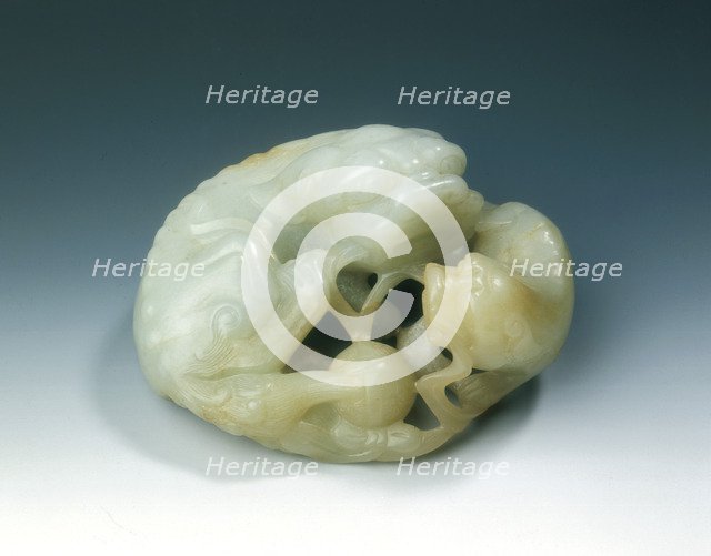 Jade group of lion dog, cub and brocade ball, Ming dynasty, China, 1368-1644. Artist: Unknown