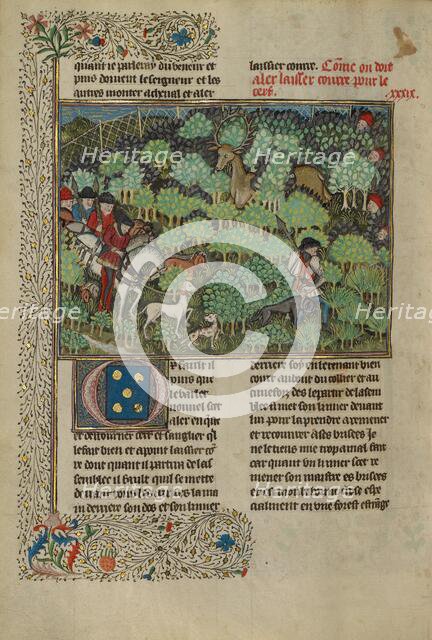 Hunters Pursuing a Deer; Livre de la Chasse, about 1430-1440. Creator: Unknown.