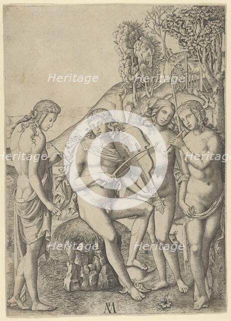 A young man, seated and playing the violin at centre, flanked by two woman holding ..., ca. 1510-27. Creator: Marcantonio Raimondi.