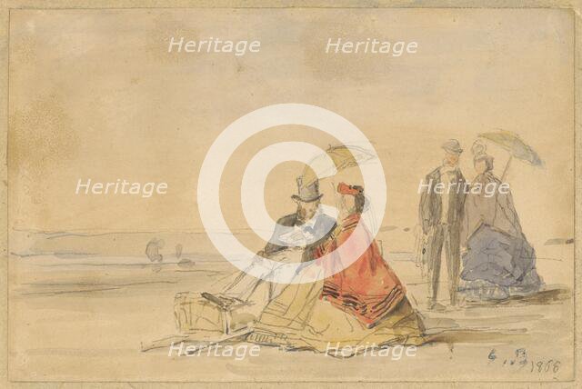 A Couple Seated and a Couple Walking on the Beach, 1865. Creator: Eugene Louis Boudin.