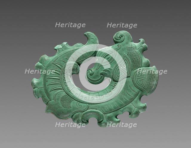 Box with Ink Cakes: Green Ink Cake in Shape of Coiled Dragon, 1795-1820. Creator: Unknown.