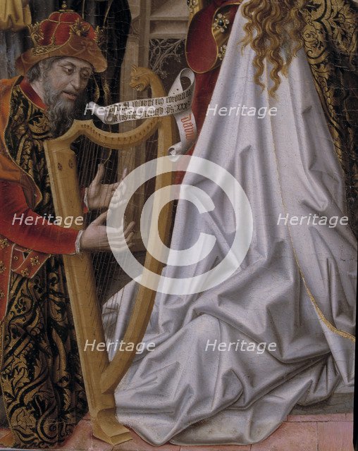 Detail of a musician playing the harp, from the painting 'Coronation of the Virgin' by Fernando G…