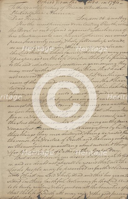 Epistle from the yearly meeting of Friends Brethren in Philadelphia, 1699. Creator: Unknown.