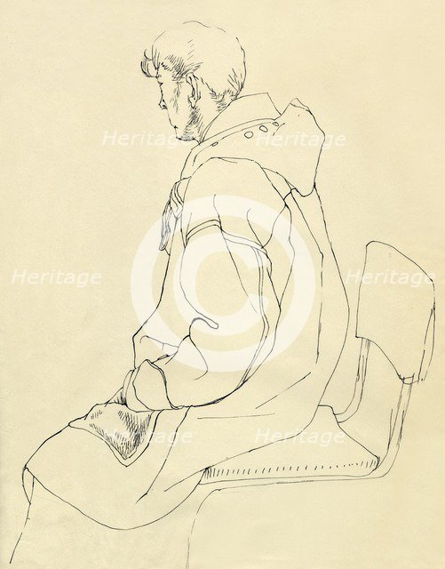 Seated man in duffel coat, c1952. Creator: Shirley Markham.