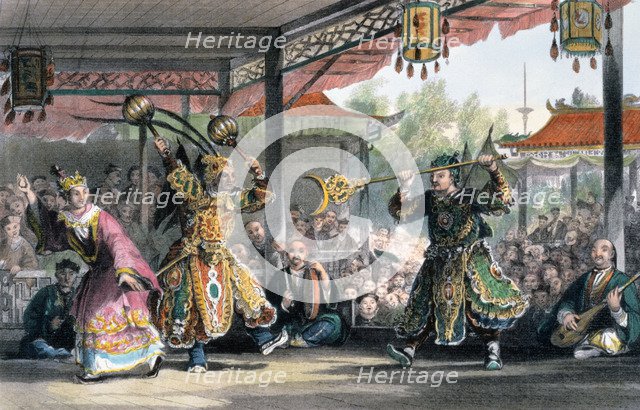'Scene from the Spectacle of 'The Sun and Moon'', China, 1843. Artist: Thomas Allom
