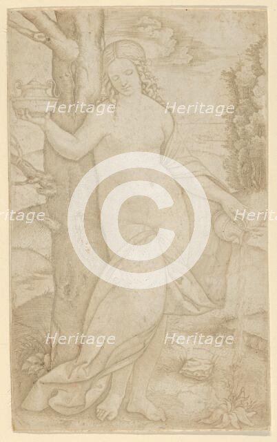 A woman watering a plant, a pot in her raised right hand, ca. 1507-8. Creator: Marcantonio Raimondi.