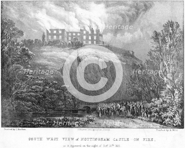 Nottingham Castle on fire, viewed from the south, 1831. Artist: S Rayner