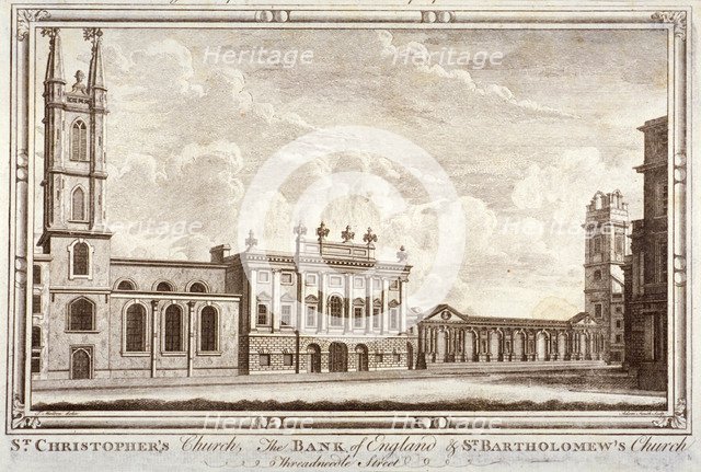 Bank of England, St Christopher-le-Stocks and St Bartholomew-by-the-Exchange, London, c1775. Artist: Adam Smith